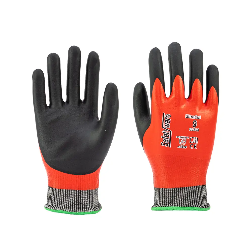 [ULS03-SM] SAFETYWARE UltraCut ULS03 Level F Cut Resistant Gloves with 18-Gauge HPPE Blend Liner & Double Nitrile Coating made of Nitrile Full Coating & S-Grip Palm Nitrile Foam Coating (S / 7)